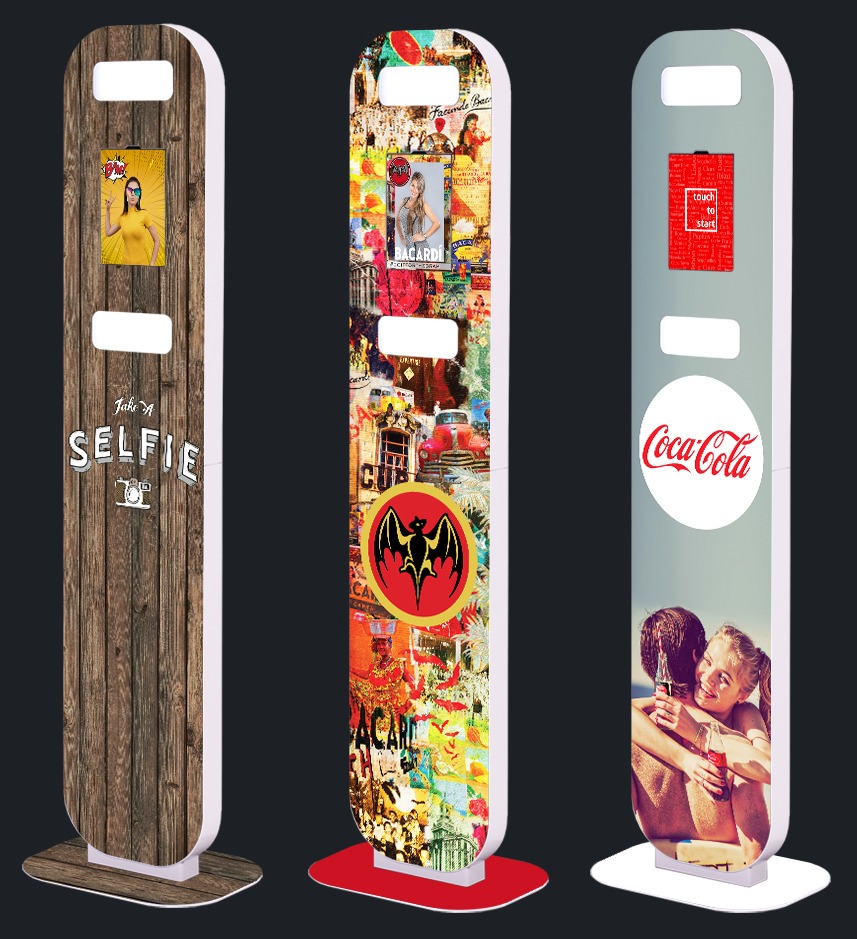 Three vertical standing displays, each with vibrant designs and different brand logos, transform the dark background into a lively showcase of creativity. It's like a Whack A Mole game for your attention—each logo popping vividly in its own unique way.
